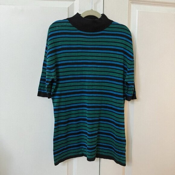 Vintage J  CO Silk Top Womens M Stripes 90s Mock Neck Short Sleeve Knit Silk - Picture 1 of 7